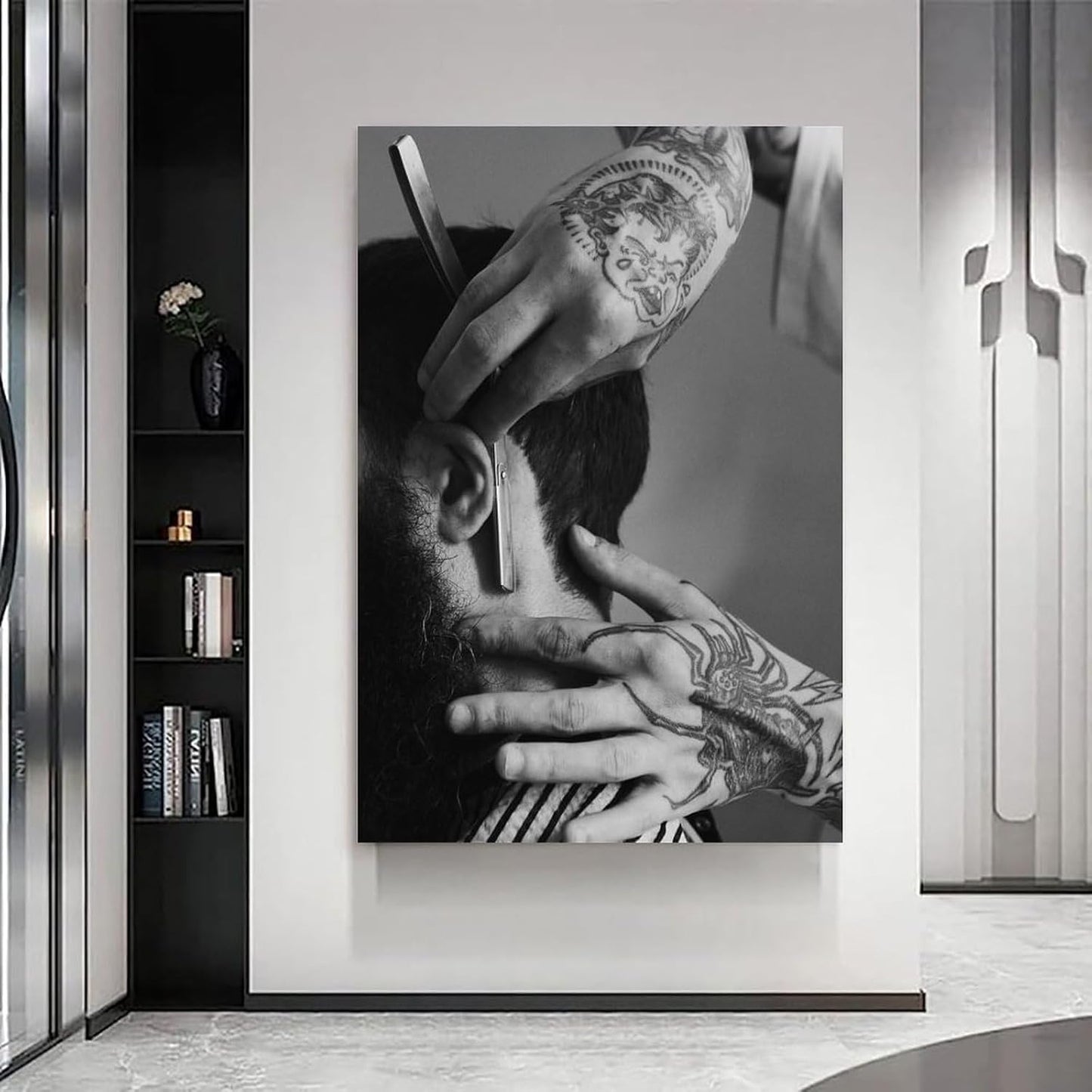Barber Shop Barber Is Fixing His Hair Posters Decorative Painting Modern Picture Canvas Wall Art Bedroom Office Living Room Bedroom Bathroom Wall Decors 08X12Inch(20X30Cm) Frame-Style