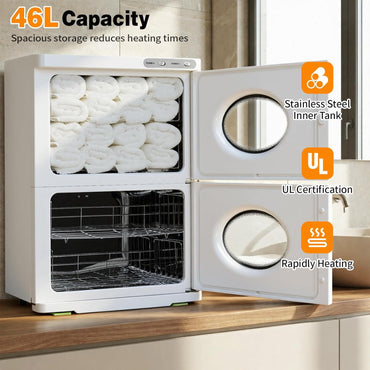 46L Hot Towel Warmer, Large Capacity Spa Towel Warmer with Double Cabinets, Professional Towel Warmer Cabinet with Clip & 4 Racks for Salon, Barber Shop, Massage, Facial
