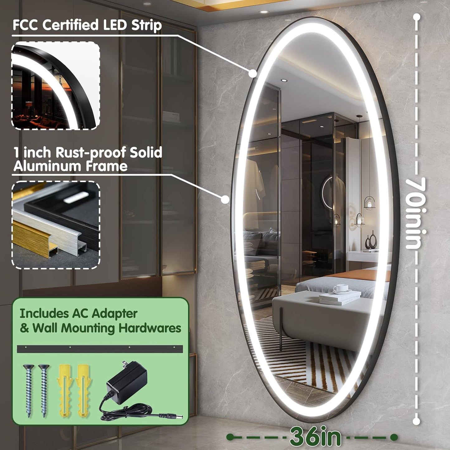 70" X 36" Large Wall Mounted Mirror with LED Lights, Oval Full Length LED Lighted Full Body Dressing Mirror for Bedroom, Salon, Brushed Aluminum Frame, Tempered Glass