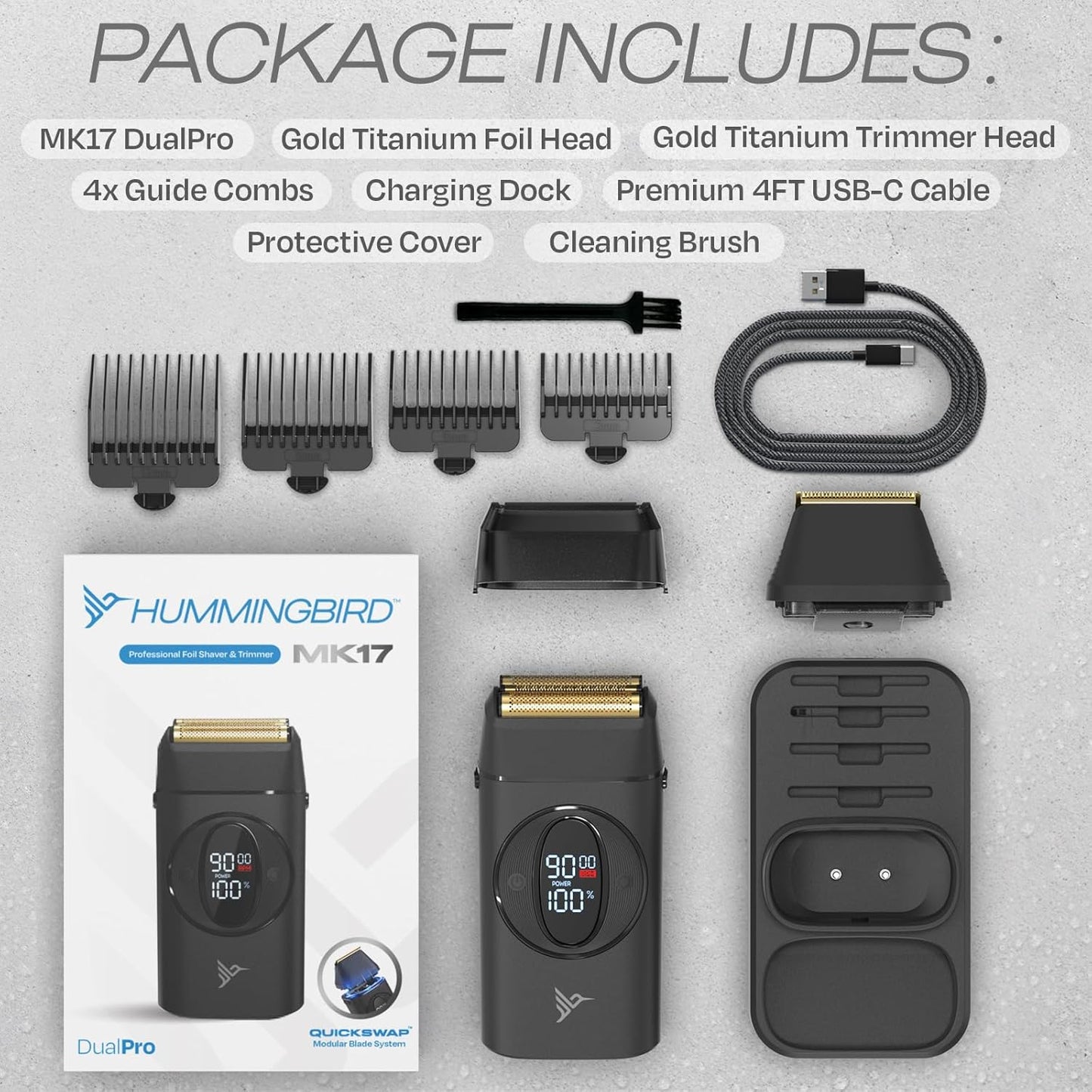 MK17 Dualpro Foil Shaver & Beard Trimmer for Men – Gold Titanium Blades, Turbo Shaving & Torque Control, Metal Body, Digital Battery & RPM Display, Wet/Dry, USB-C & Wireless Charging Dock