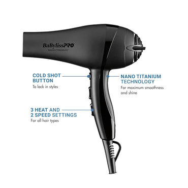 Nano Titanium 2000-Watt Blow Dryer with Concentrator Nozzle, Professional Grade Ionic Corded Styling Tool for Hair