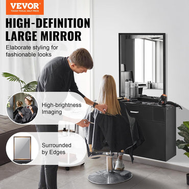 Salon Storage Cabinet, Wall Mounted Barber Salon Station for Hair Stylist, Hair Stylist Station Set, with 3 Sleeves, a Mirror, Double-Door Cabinet, and a Drawer, Black