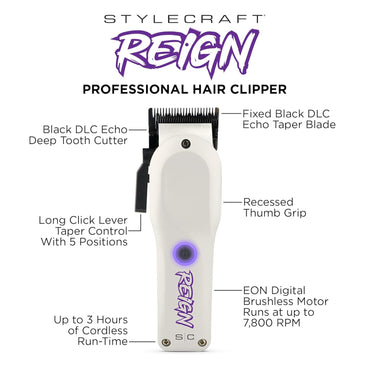 Reign Professional Hair Clipper, Hair Trimmer with Brushless Motor, USB-C Rechargeable, Designed by Barbers for Precision Beard and Hair Grooming