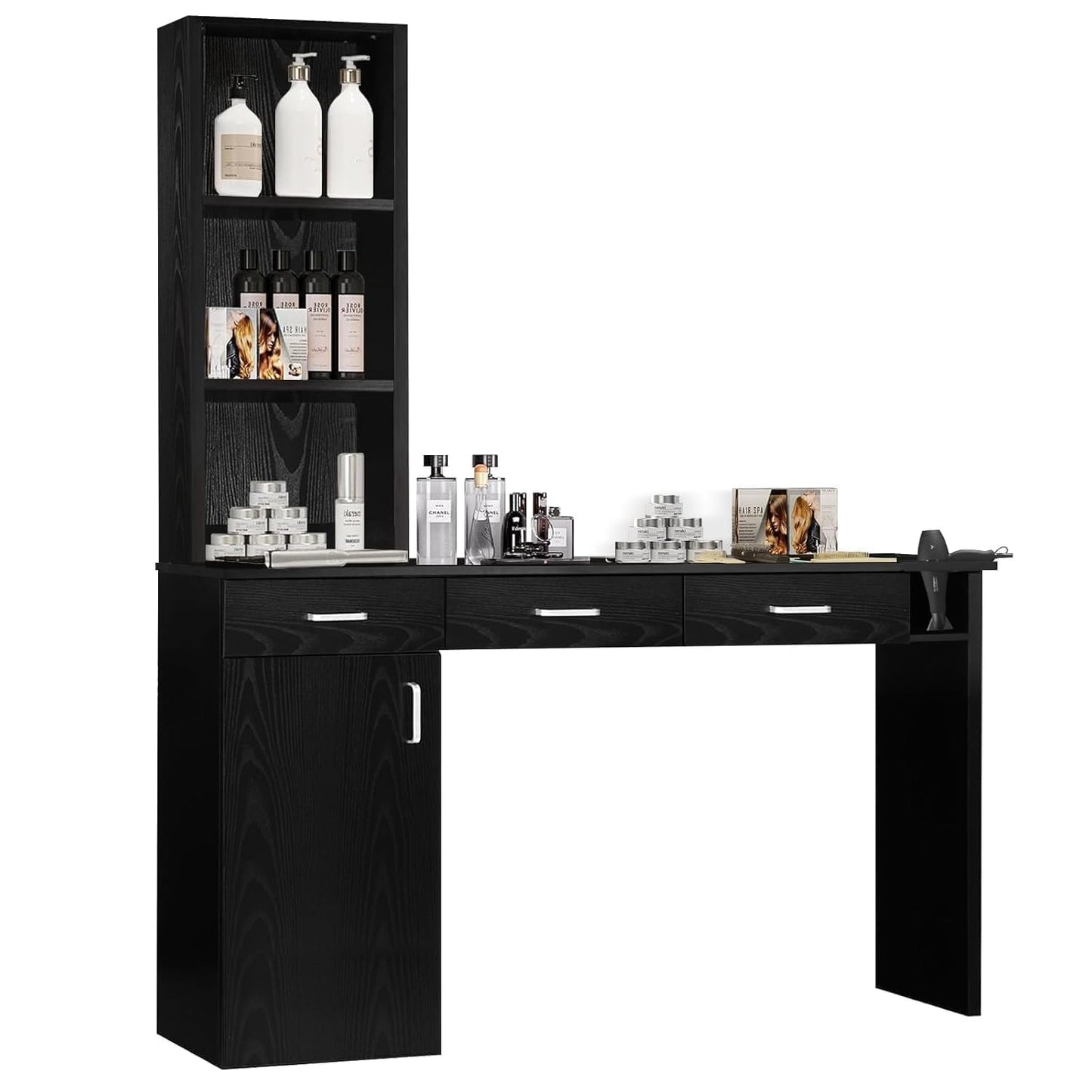 Salon Station for Hair Stylist, Salon Wall Station with Barber Cabinet, Hair Stations Equipment Hair Dryer Holder, Drawers, Wall Mount Barber Beauty Station, Mirror Not Included, Black