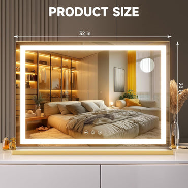 Vanity Mirror with Lights, 32" X 20" LED Makeup Mirror, Lighted Makeup Mirror with Dimmable 3 Modes, Touch Screen Control Vanity Mirror Square Gold