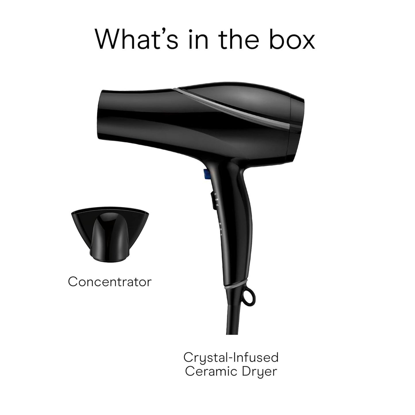 Hair Dryer Style & Shine Natural Crystal Collection, 1875W Hairdryer, 3 Heat Settings, 2 Speeds, Blow Dryer with Concentrator Attachment, Ionic & Hematite-Infused Ceramic Technology, Black
