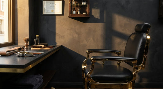 A professional barbershop station featuring a black leather chair with gold hardware and neatly arranged grooming tools under dramatic editorial lighting.