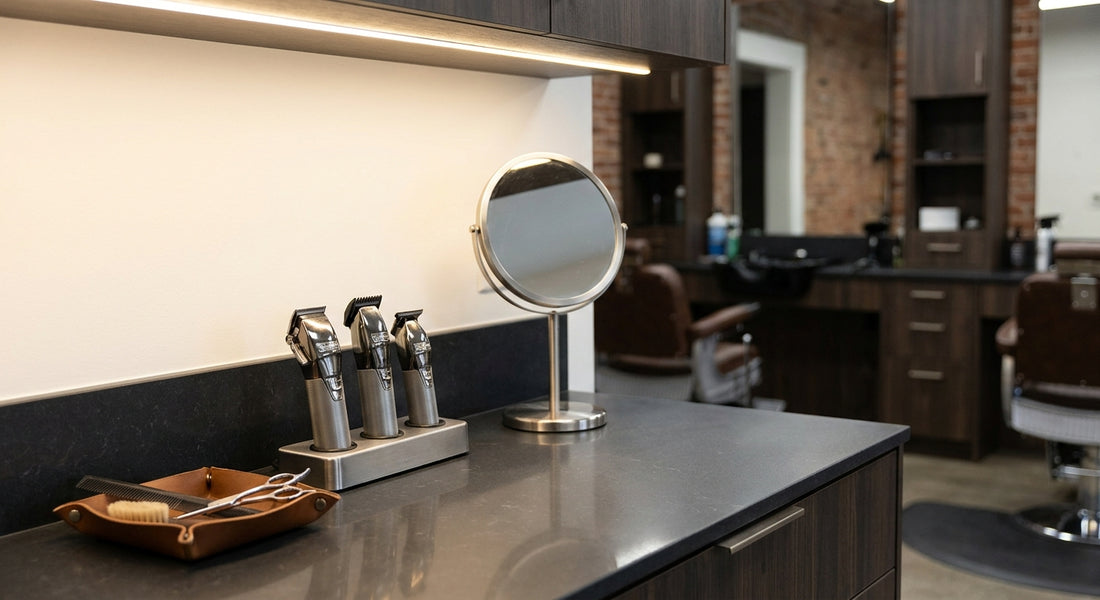 A clean and precisely organized minimalist barber workstation with professional clippers and tools neatly arranged on a sleek countertop in a modern barbershop setting.