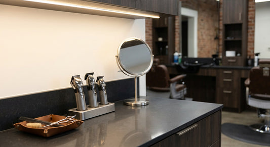 A clean and precisely organized minimalist barber workstation with professional clippers and tools neatly arranged on a sleek countertop in a modern barbershop setting.