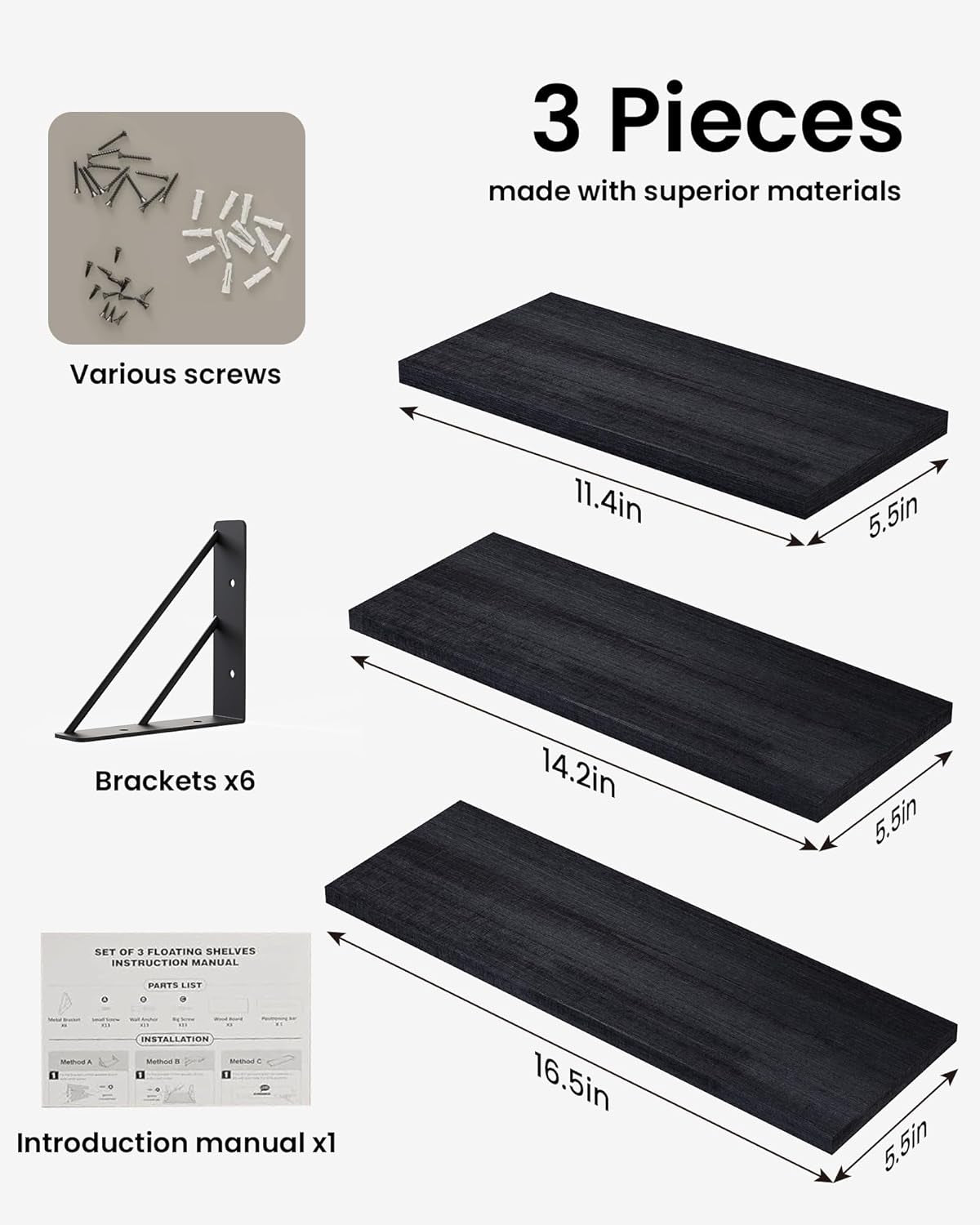 Wall Mounted Floating Shelves, Wood Floating Wall Shelf for Books & Decor, Small Space-Saving Display & Organizer（Black，Set of 3）