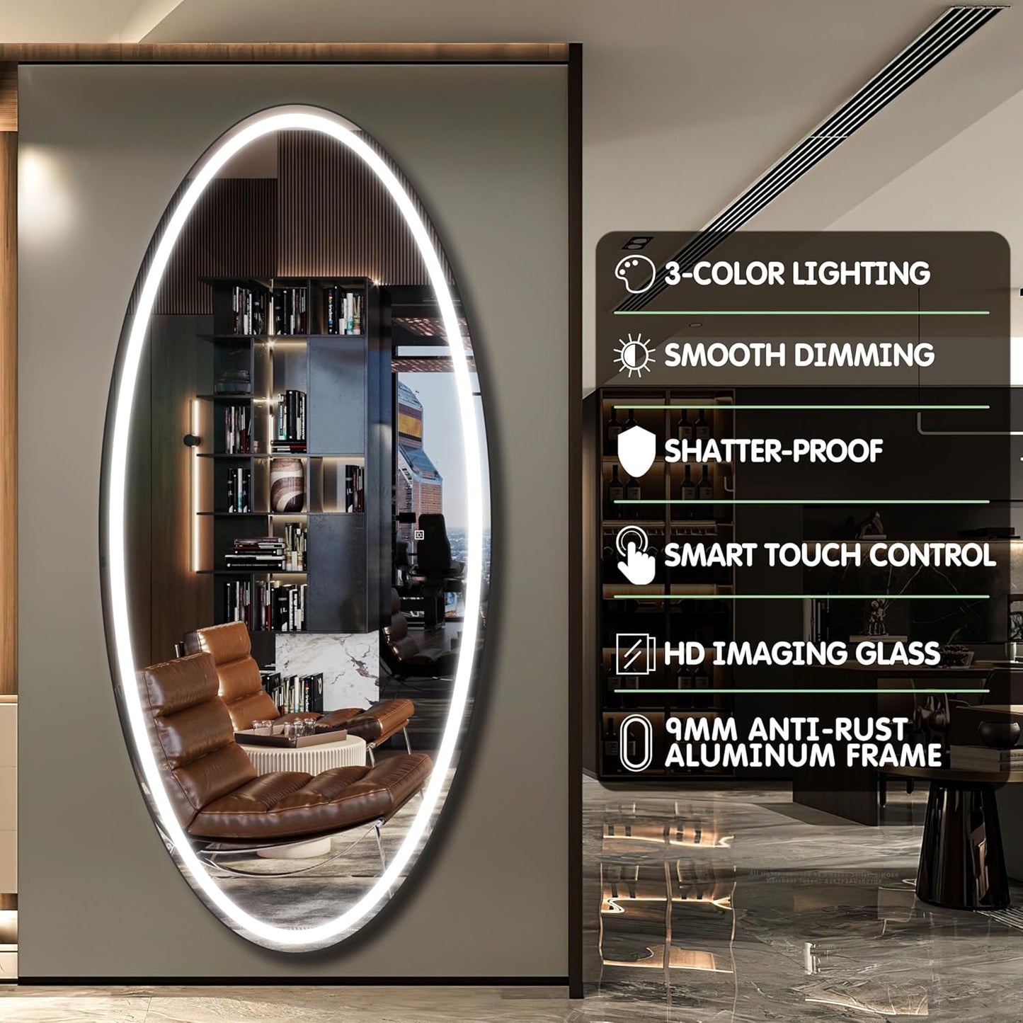 70" X 36" Large Wall Mounted Mirror with LED Lights, Oval Full Length LED Lighted Full Body Dressing Mirror for Bedroom, Salon, Brushed Aluminum Frame, Tempered Glass