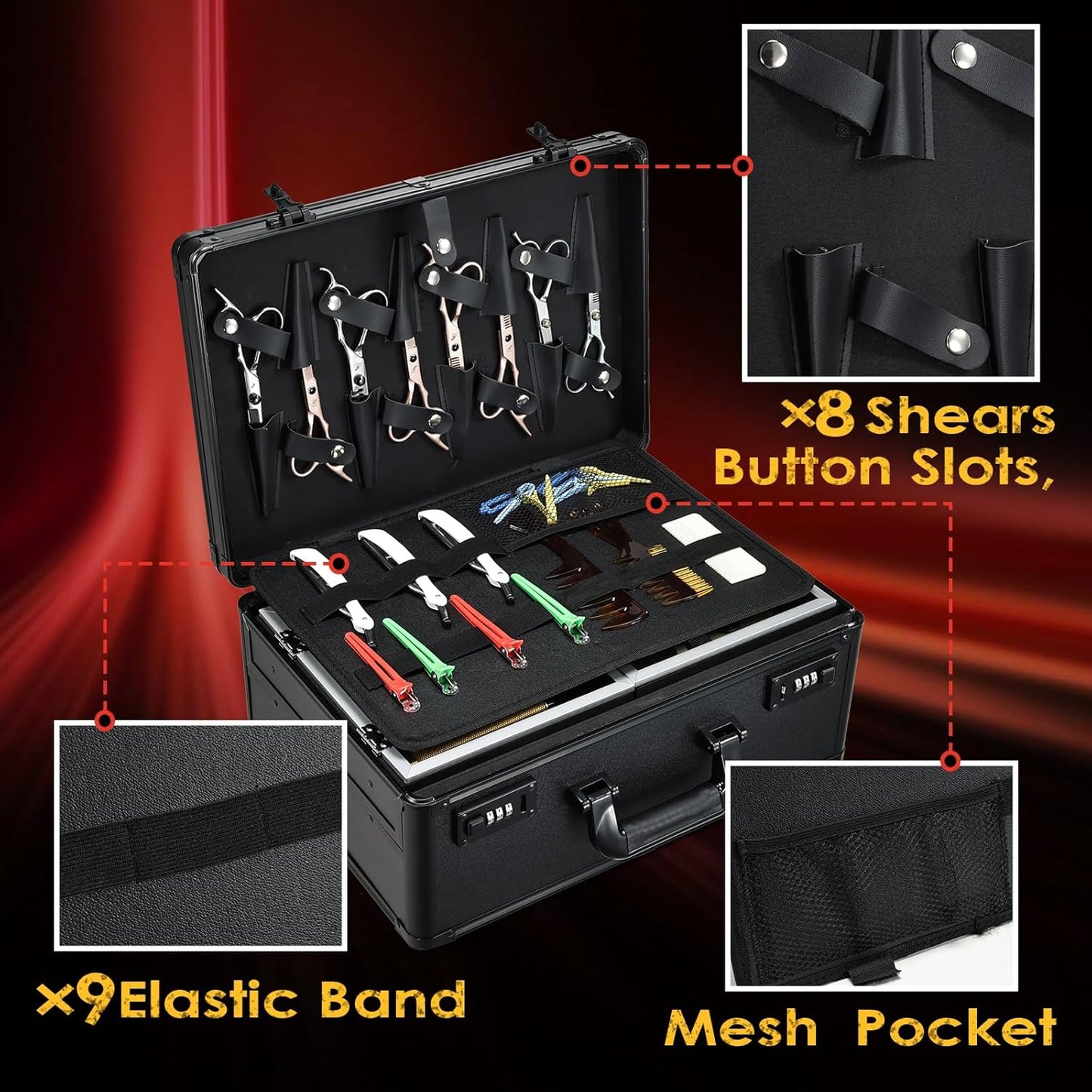 Barber Case 6 Clippers Sliding Tray, Profesional Barbers Briefcase Tool Case, Barber Cases for Clippers and Supplies, Hair Scissors Trimmer Organizer, Salon Hair Grooming Hard Travel Suitcase