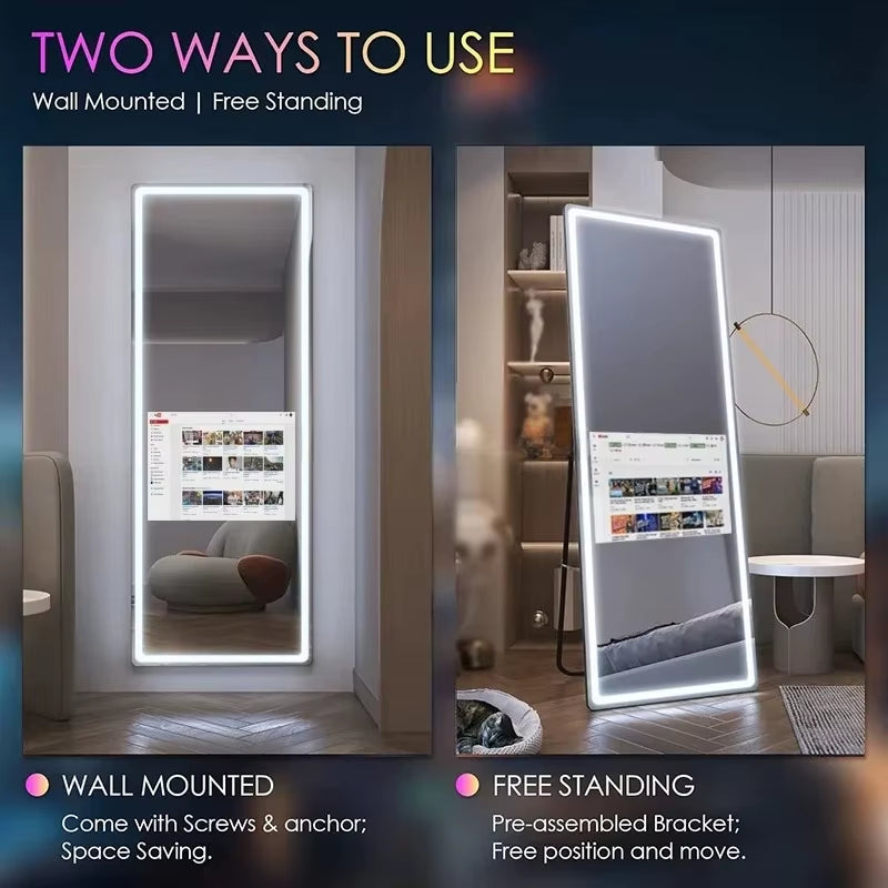 Vertical Smart Mirror Touch Screen Bathroom Vanity Waterproof Tempered Glass Rectangle Mirror with Apps LED Lighting Makeup