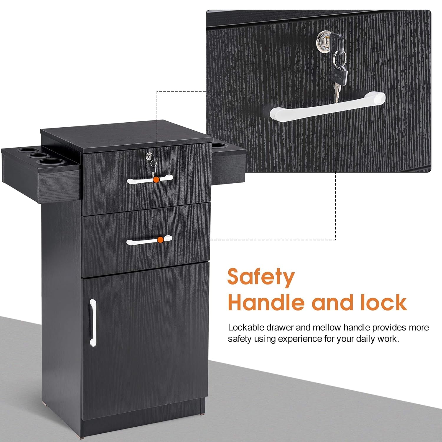 38"X18"X14" Locking Beauty Salon Storage Cabinet, Barber Styling Station with Nylon Hair Dryer Holder, Barber Shop Stylist Equipment with Drawers 2021 (Black)