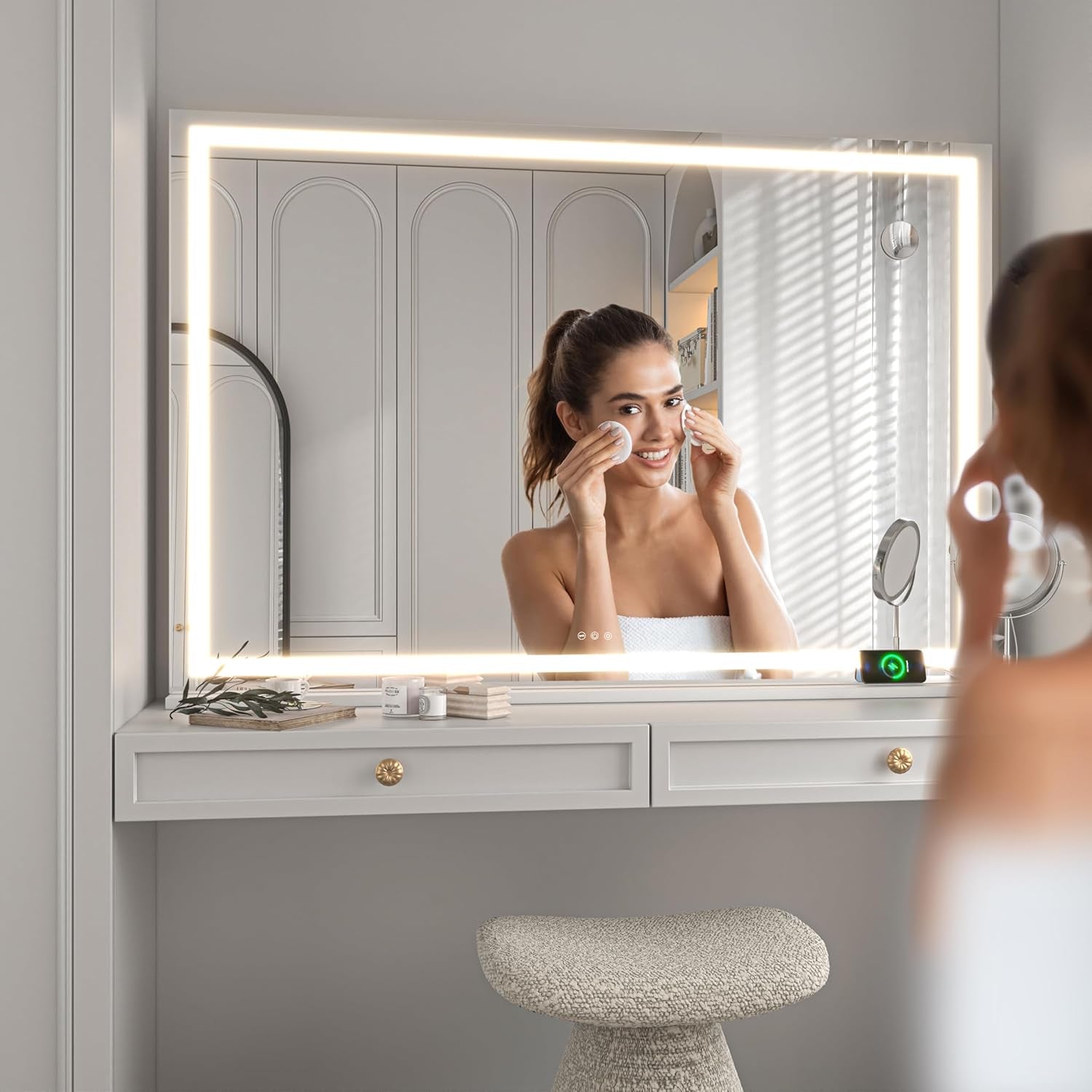 Vanity Mirror with Lights, 42" X 30" LED Makeup Mirror, Lighted Makeup Mirror with Dimmable 3 Modes, Touch Screen Control Vanity Mirror Square White
