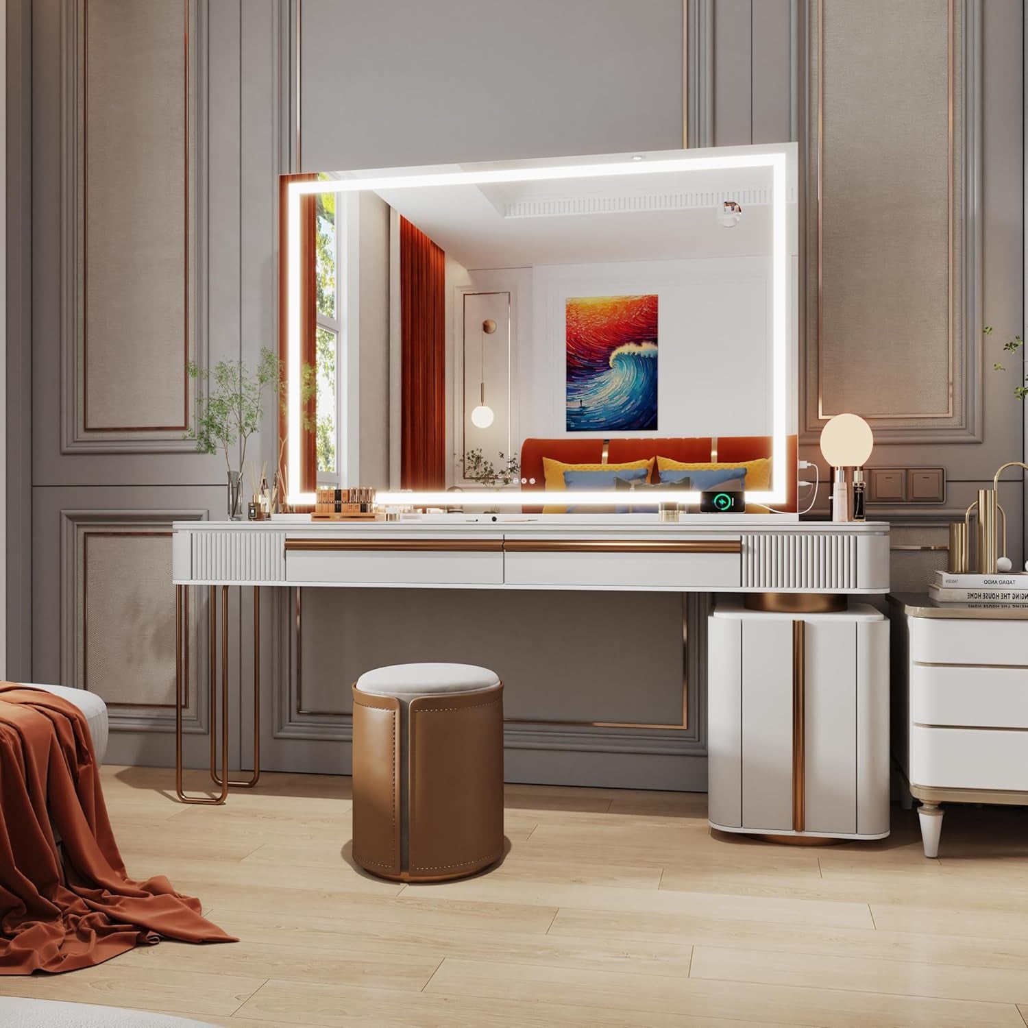 Vanity Mirror with Lights, 42" X 30" LED Makeup Mirror, Lighted Makeup Mirror with Dimmable 3 Modes, Touch Screen Control Vanity Mirror Square White