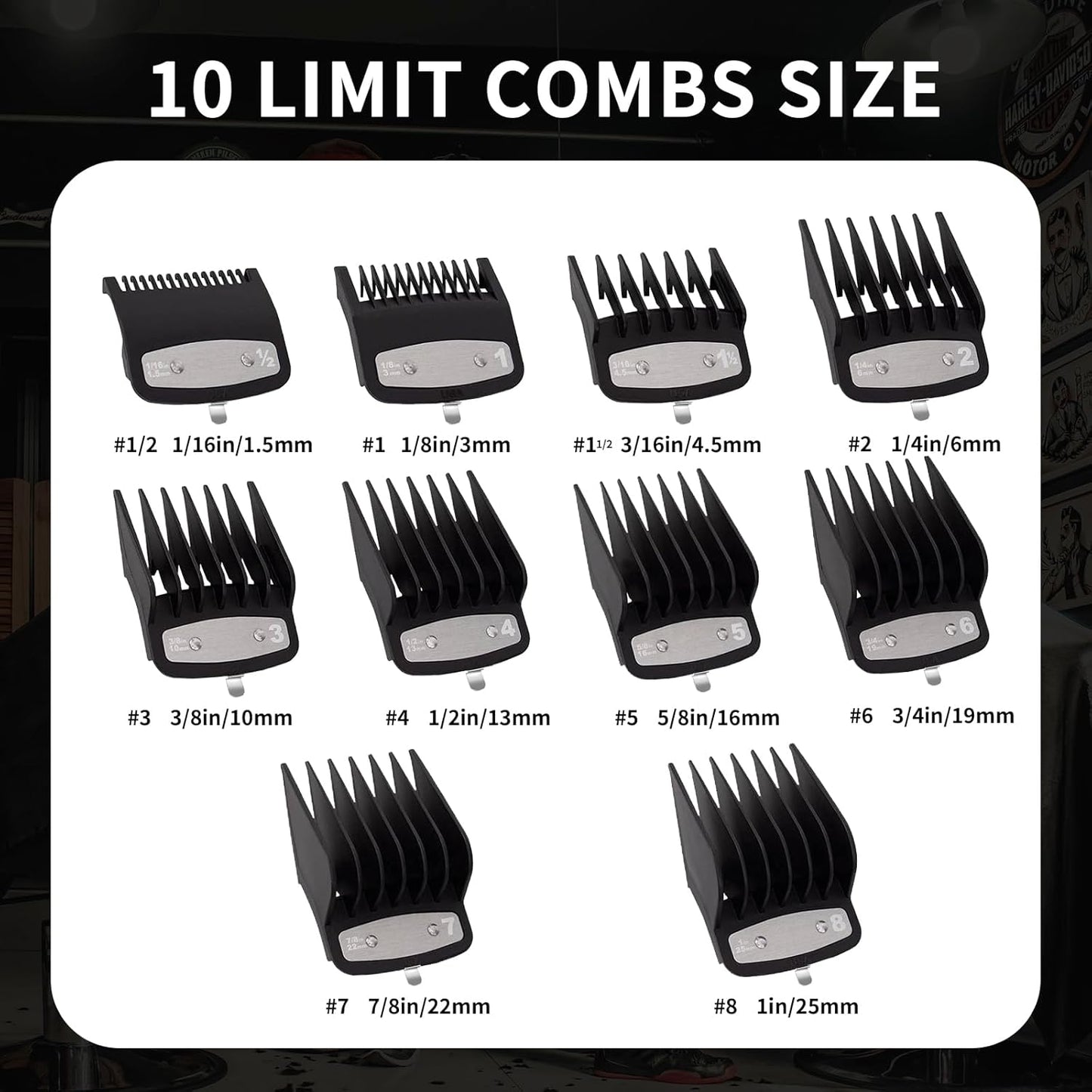 10-Piece Clipper Guard Set, Black Professional Clipper Guard Set Compatible with Most Wahl Clippers (1.5-25Mm), Premium Close Cut to 1-Inch,Black