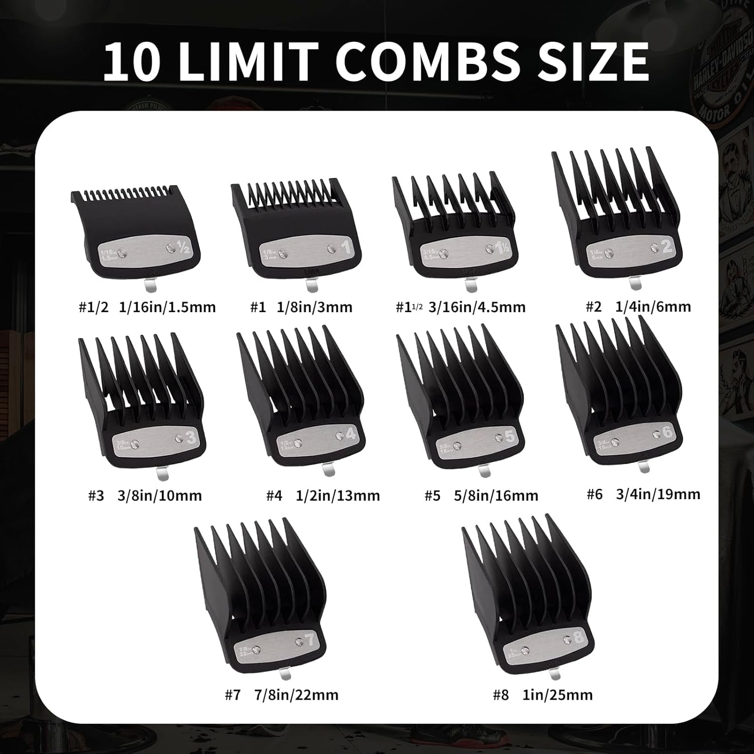 10-Piece Clipper Guard Set, Black Professional Clipper Guard Set Compatible with Most Wahl Clippers (1.5-25Mm), Premium Close Cut to 1-Inch,Black