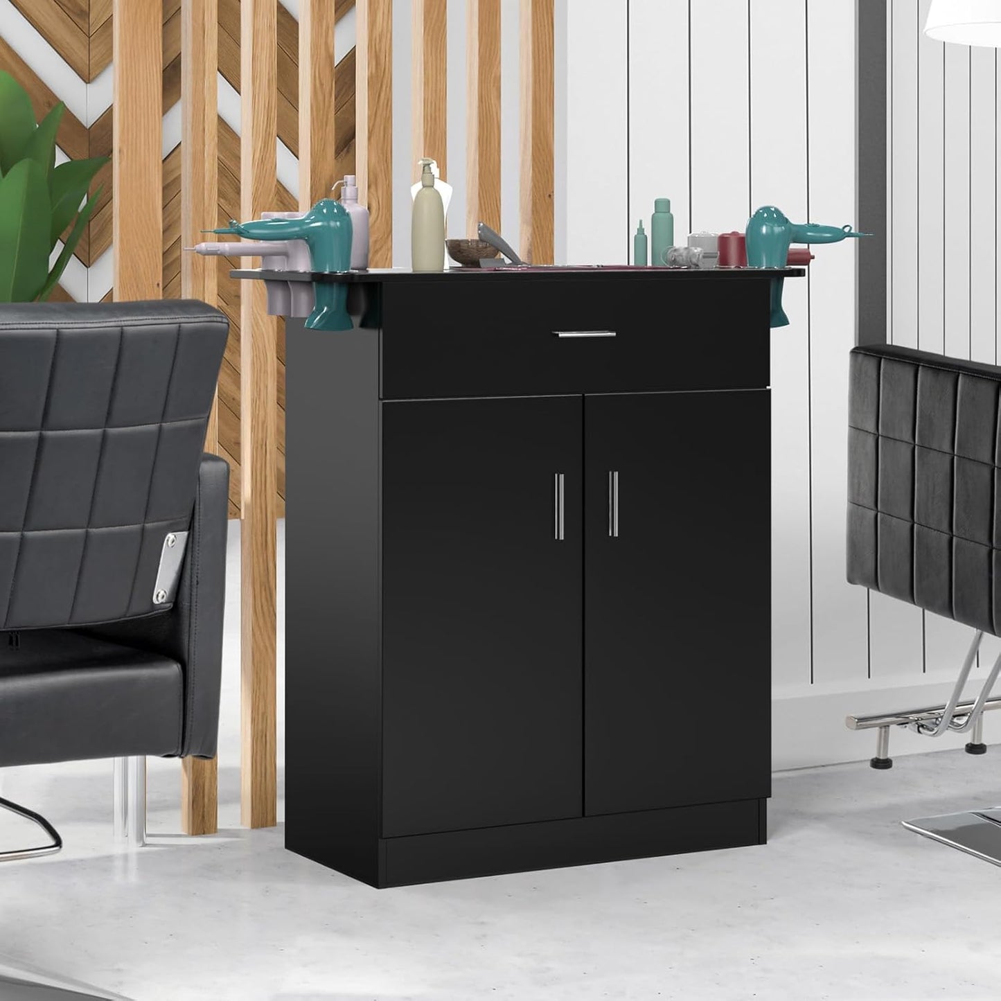 Salon Storage Station, Barber Stations Beauty Salon Spa Equipment, Free Standing Cabinet with 1 Drawers, 1 Storage Cabinet, 6 Hair Dryer Holders for Hair Styling, Black