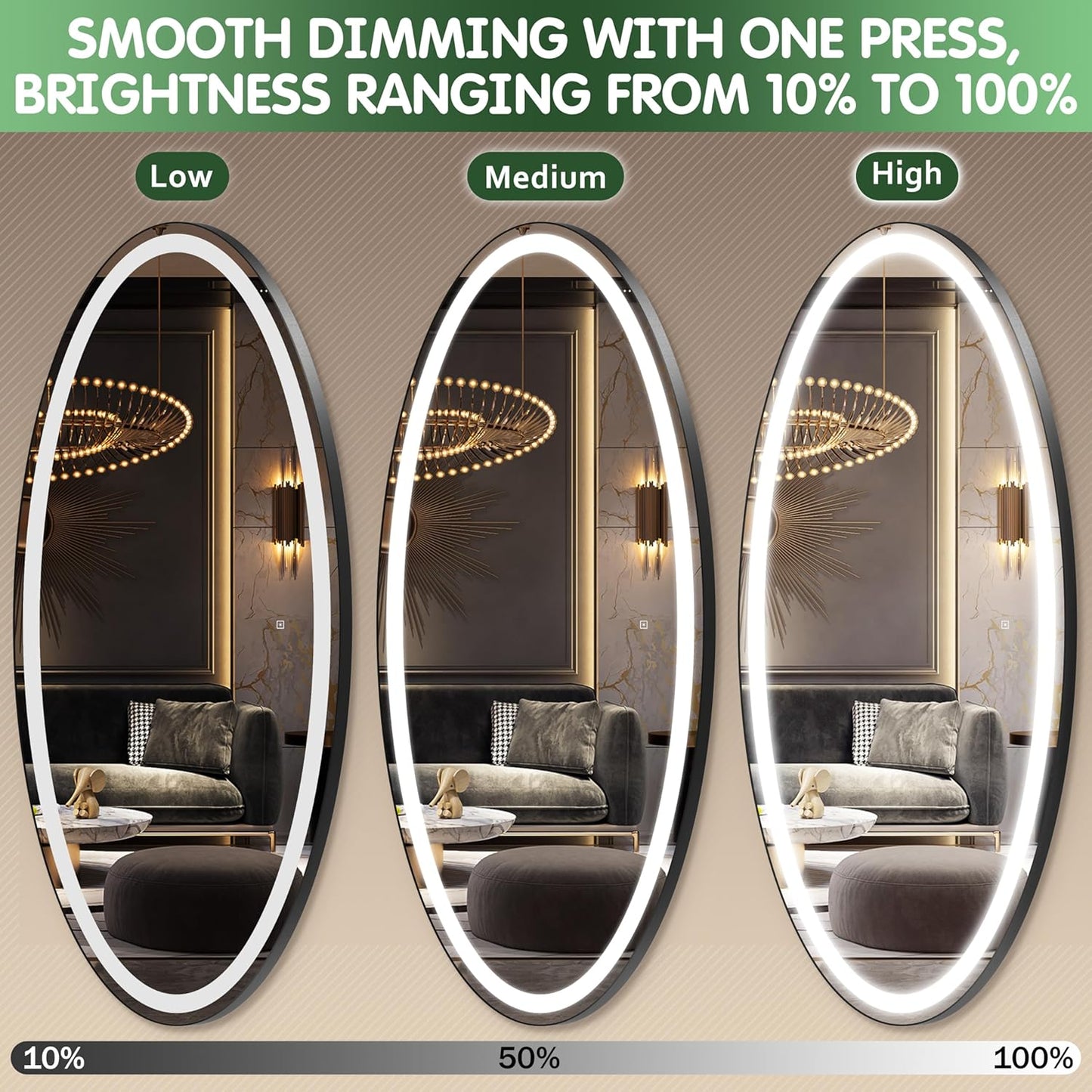 70" X 36" Large Wall Mounted Mirror with LED Lights, Oval Full Length LED Lighted Full Body Dressing Mirror for Bedroom, Salon, Brushed Aluminum Frame, Tempered Glass