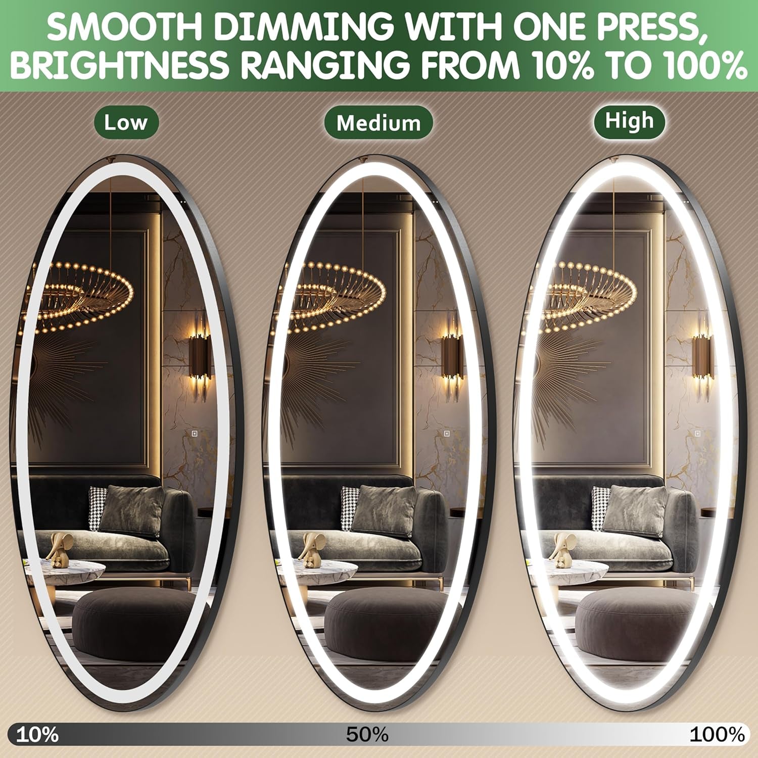 70" X 36" Large Wall Mounted Mirror with LED Lights, Oval Full Length LED Lighted Full Body Dressing Mirror for Bedroom, Salon, Brushed Aluminum Frame, Tempered Glass