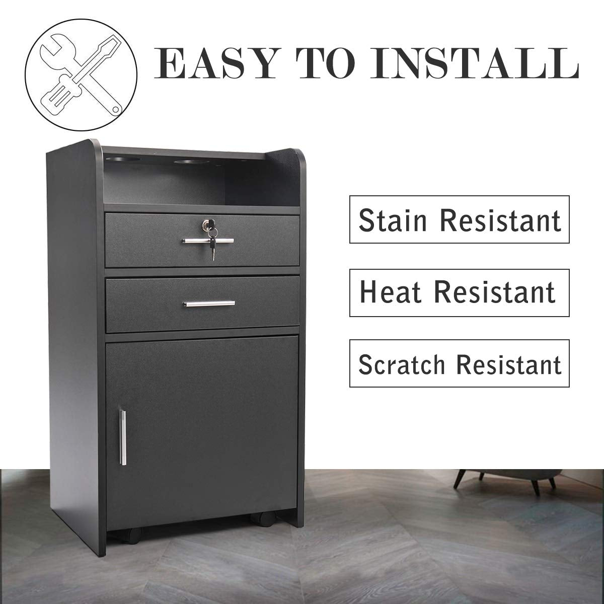 Beauty Salon/Barber Storage Cabinet Station with Locking Drawer and 4 Wheels, Hair Stylist Station with 2 Hair Dryer Holders, Black