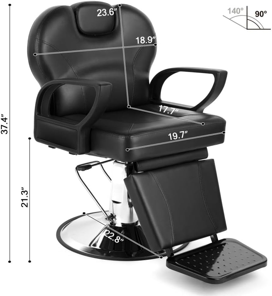 Barber Chair for Salon, Reclining Barber Chair Heavy Duty Adjustable Height & Headrest, Barber Shop Chairs Wide Seat Comfort and Sturdy, Beauty Salon Chair for Hair Stylist for Home Black