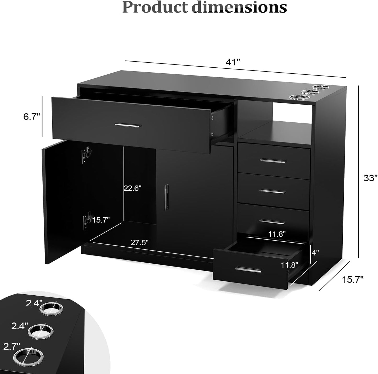 Salon Station Free Standing Cabinet, Barber Hair Styling Stations, Beauty Dresser Spa Bathroom Equipment with 5 Drawers, 1 Storage Cabinet, 3 Hair Dryer Holders, Black