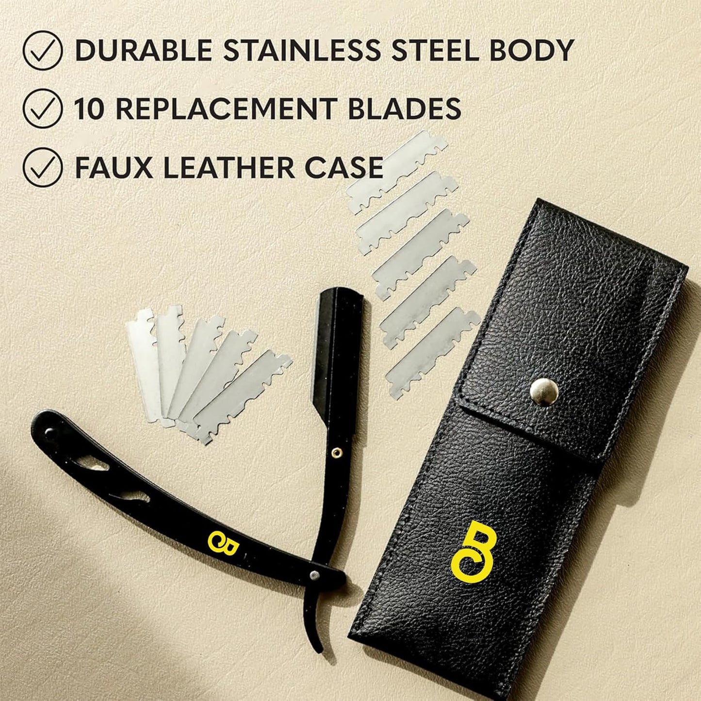 Straight Razor for Men - Navajas Para Barbero - Barber Straight Edge Razor Kit - Premium Single Derby Blade Cutthroat with 10 Replaceable Stainless Steel Blades & Leather Case