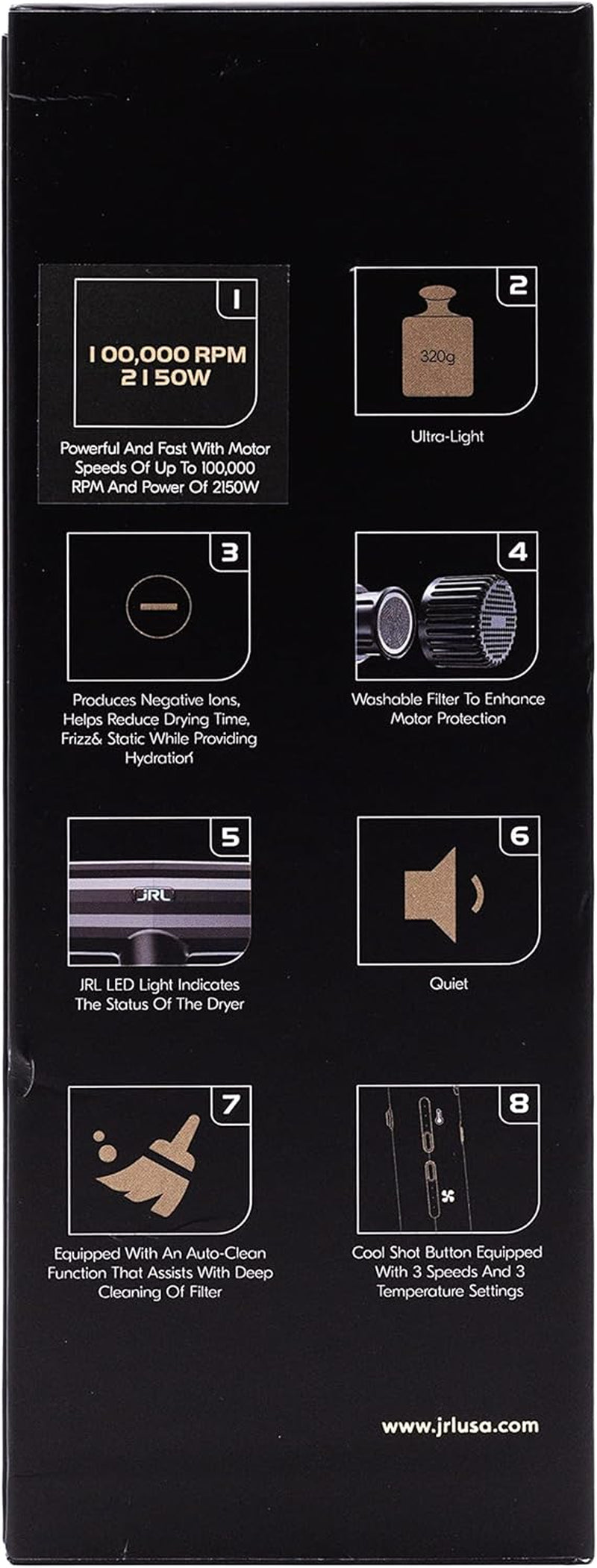 JRL Forte Pro Dryer - Professional Hair Blow Dryer with Diffuser W/Ionic Generator to Help Reduce Drying Time, Frizz and Static - Fast Hair Dryer W/ 3 Temperature Settings and Speed Settings (Black)