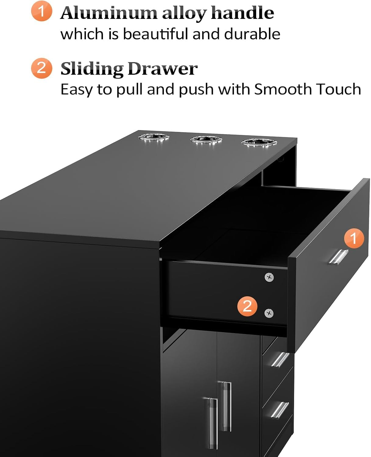 Salon Station Free Standing Cabinet, Barber Hair Styling Stations, Beauty Dresser Spa Bathroom Equipment with 5 Drawers, 1 Storage Cabinet, 3 Hair Dryer Holders, Black