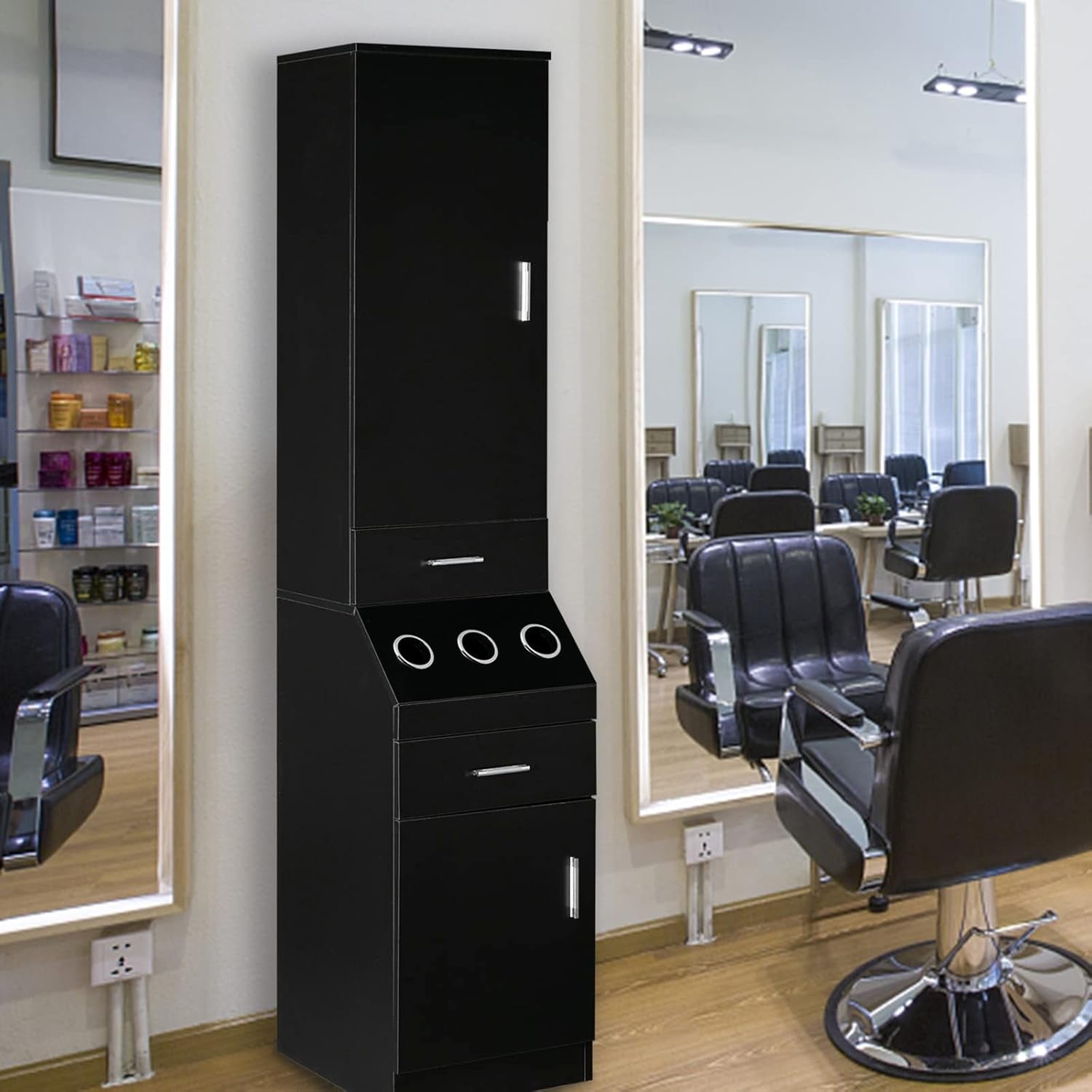 Salon Station, Barber Stations with 2-Tier Storage Shelf with Door, Hair Styling Storage Cabinet with 2 Drawer, a Large Storage Cabinet & 3 Hot Tool Holders, Black