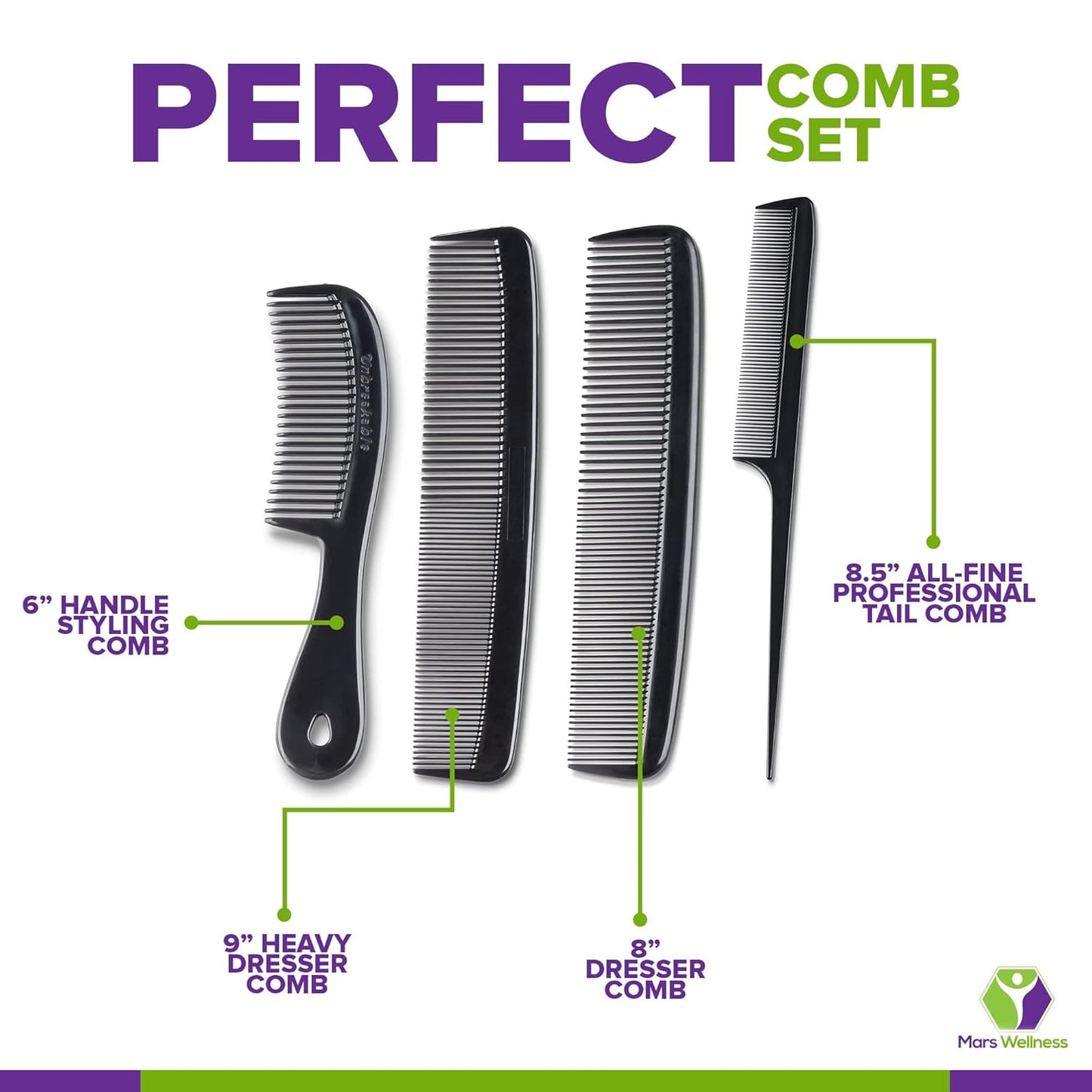 4 Piece Professional Comb Set Black - USA MADE - Fine Pro Tail Combs, Dresser Hair Comb Styling Comb - Premium Grade for Men and Women - Parting Teasing and Styling