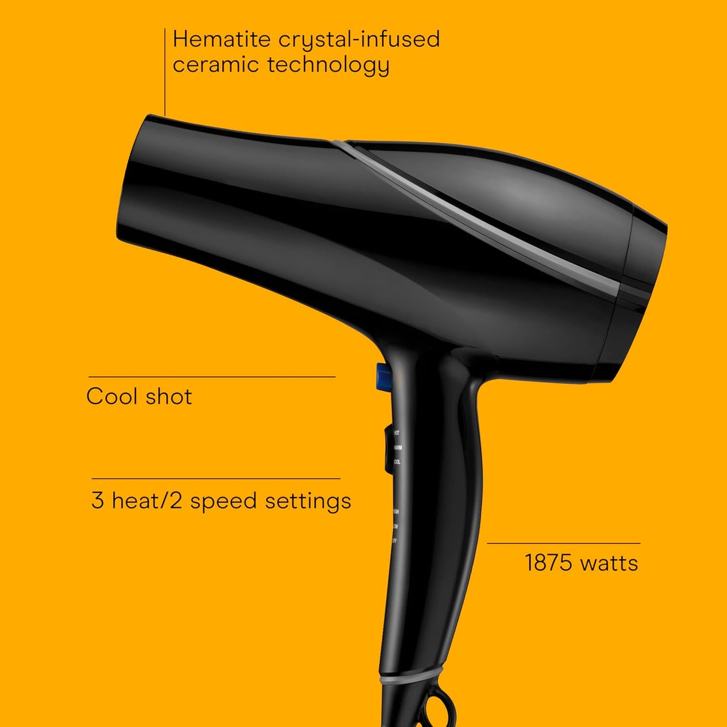Hair Dryer Style & Shine Natural Crystal Collection, 1875W Hairdryer, 3 Heat Settings, 2 Speeds, Blow Dryer with Concentrator Attachment, Ionic & Hematite-Infused Ceramic Technology, Black