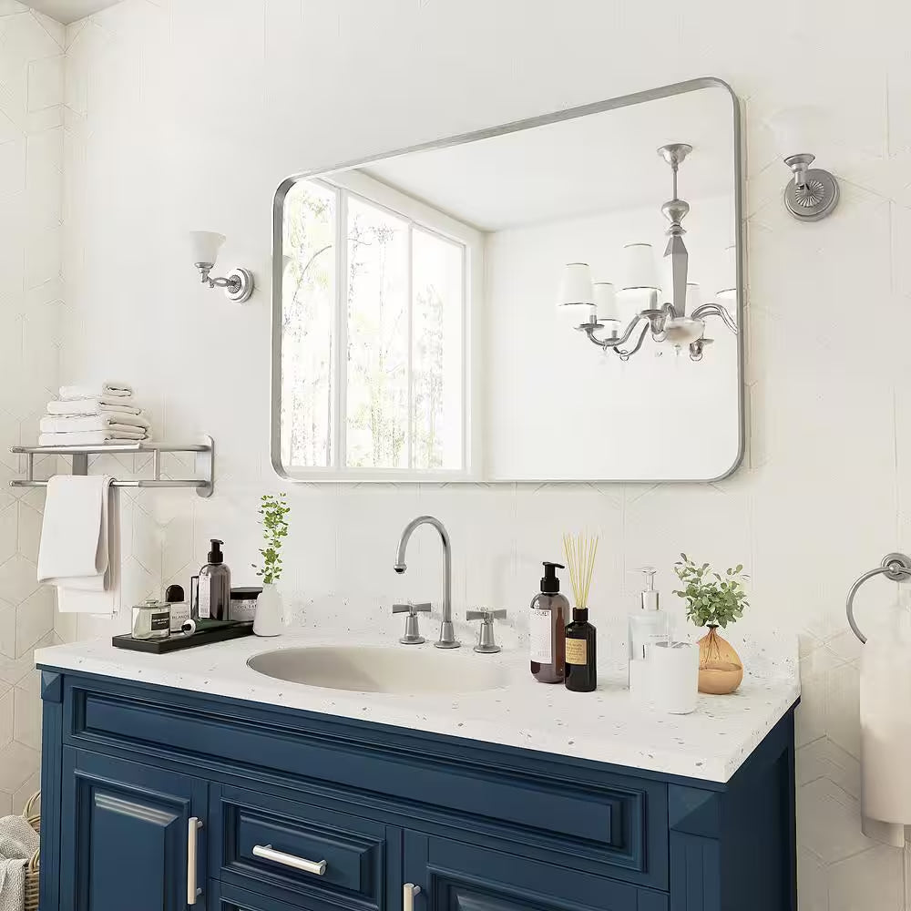 48 In. W X 32 In. H Rectangular Aluminum Framed Wall Bathroom Vanity Mirror in Silver