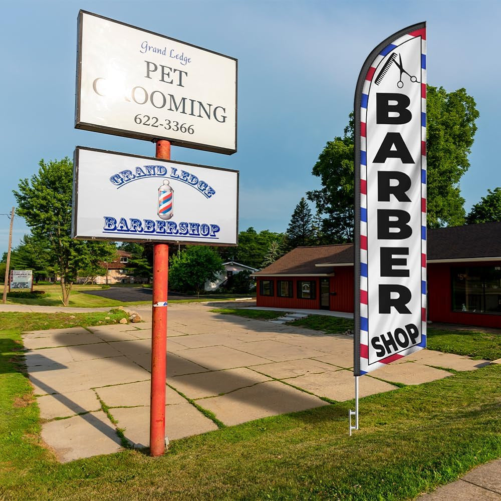 Barber Shop Haircuts 15Ft Feather Banner Swooper Flag Kit - INCLUDES 15FT POLE KIT W/Ground SPIKE