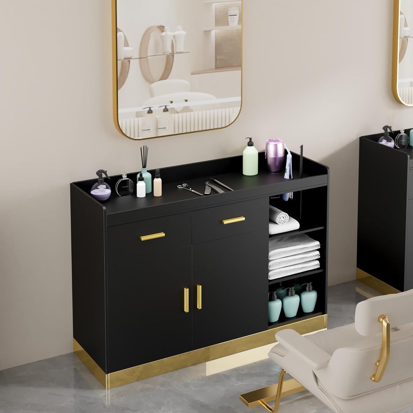 Salon Storage Cabinet Barber Station, Free Standing Hair Styling Station with Drawers, Hair Dryer Holders and Adjustable Shelves, Beauty Salon Spa Equipment
