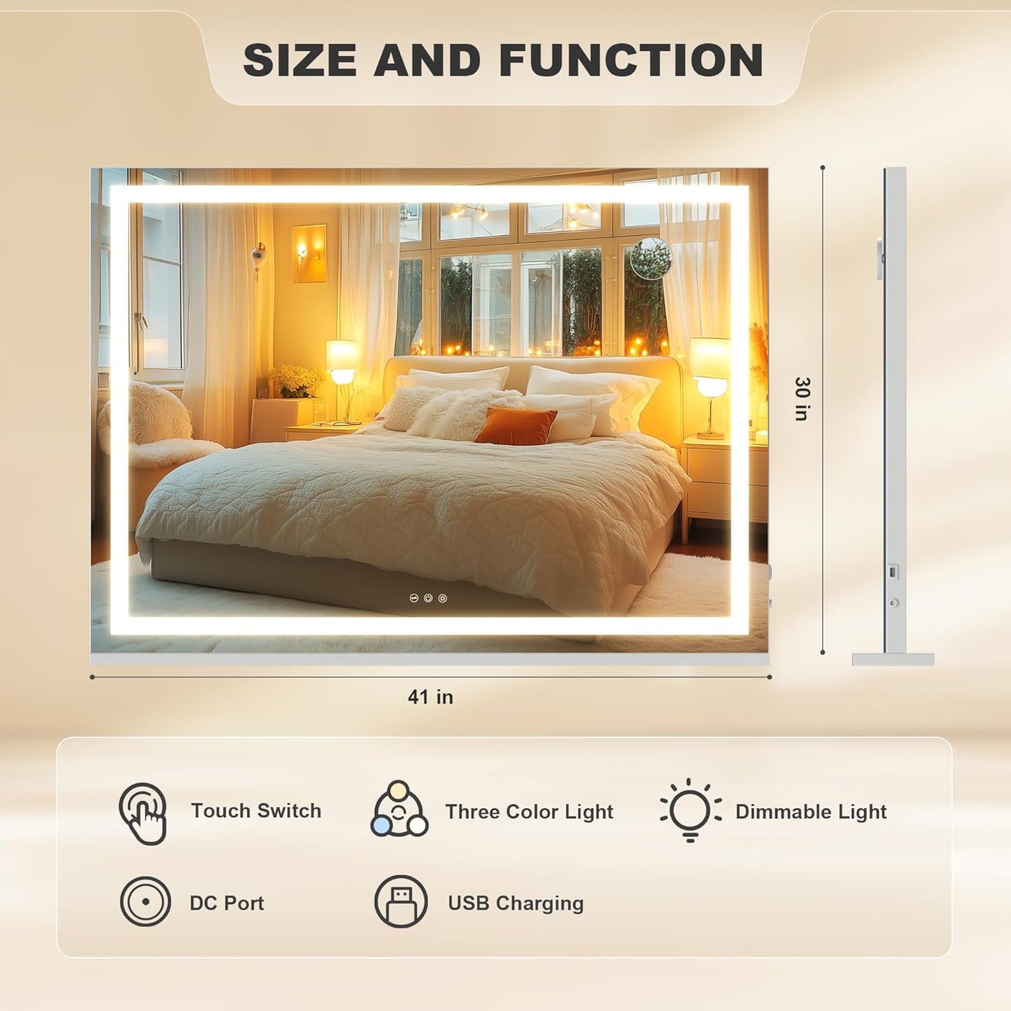 Vanity Mirror with Lights, 42" X 30" LED Makeup Mirror, Lighted Makeup Mirror with Dimmable 3 Modes, Touch Screen Control Vanity Mirror Square White