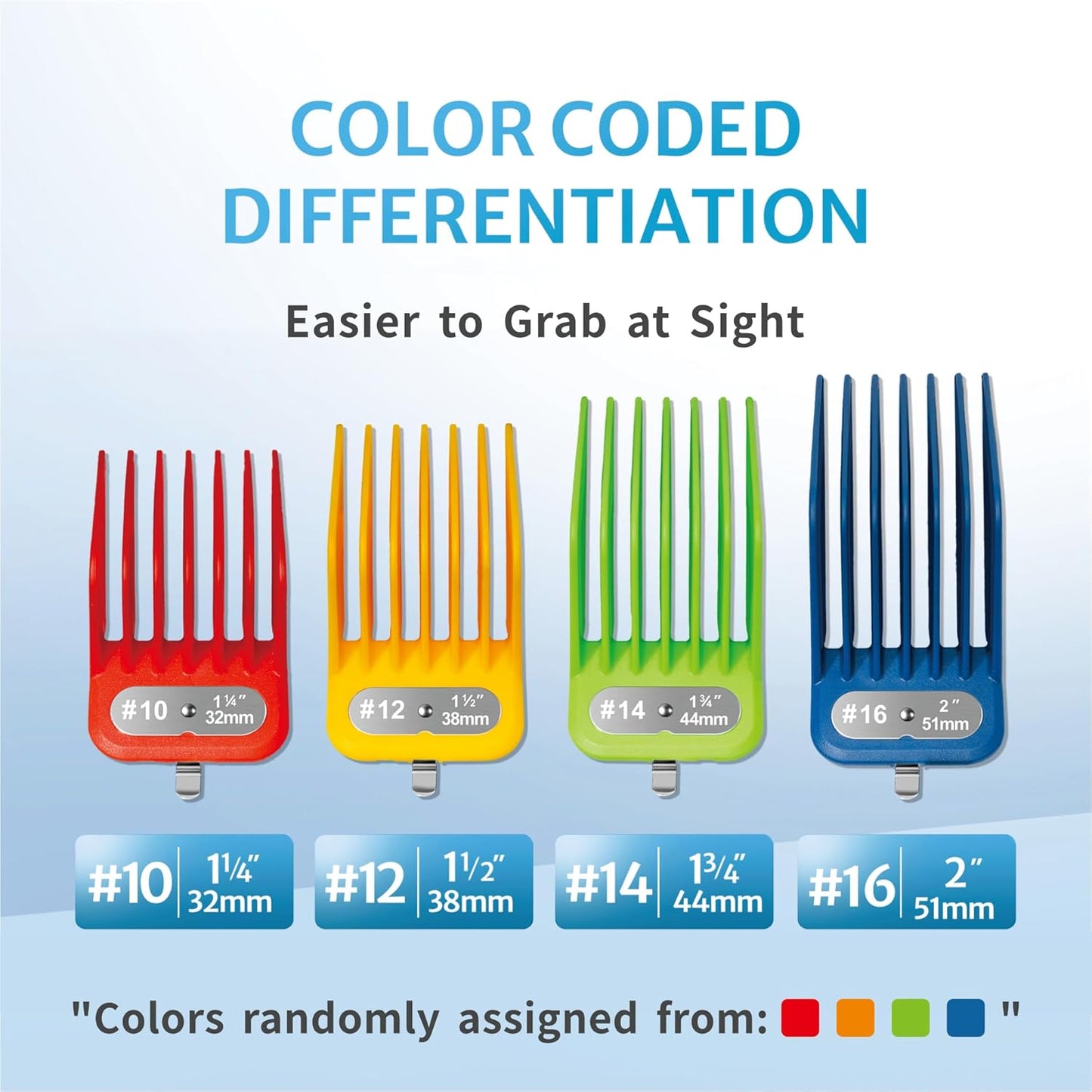 Extra Long Clipper Guards Set Compatible with Andis Master, Oster Fast Feed, Andis AAC-1, GC, LCL, ML, PM-1, PM-2,PM-4, RCAC,RS-1,US-1, Size: #10, 12, 14, 16 (Length: from 1 1.4" to 2")