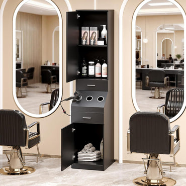 Salon Station, Barber Stations with 2-Tier Storage Shelf with Door, Hair Styling Storage Cabinet with 2 Drawer, a Large Storage Cabinet & 3 Hot Tool Holders, Black
