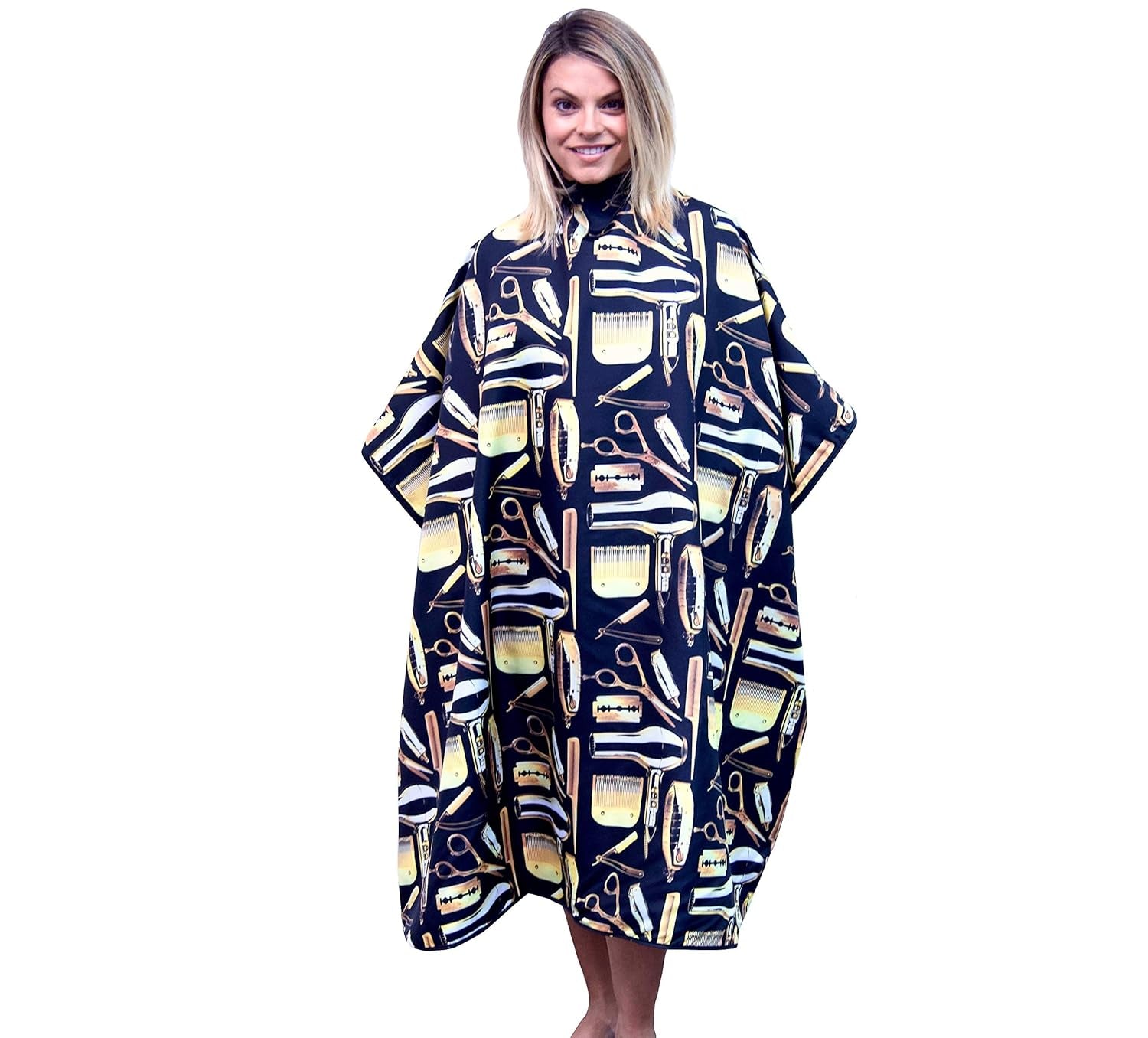 - Professional Haircutting Cape with Snap Buttons - Durable Unisex Design in Black and Gold
