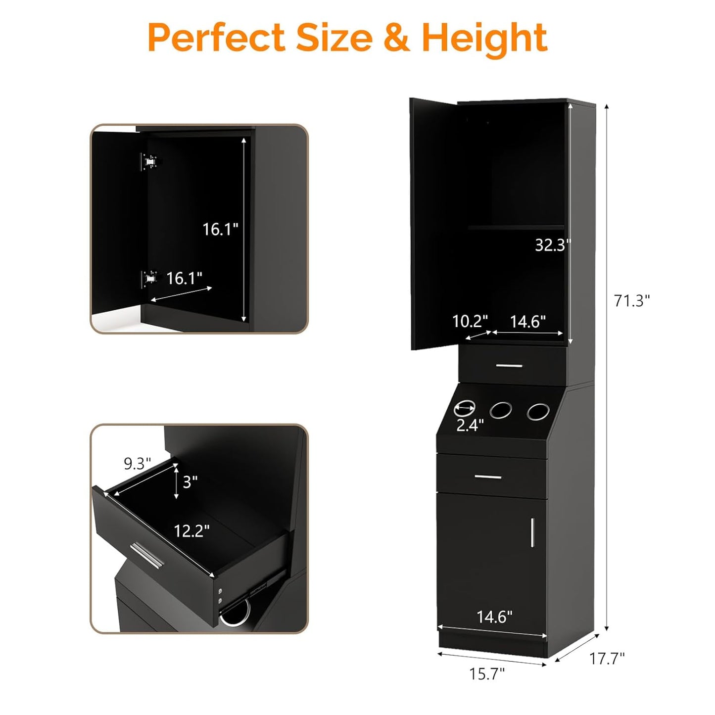 Salon Station, Barber Stations with 2-Tier Storage Shelf with Door, Hair Styling Storage Cabinet with 2 Drawer, a Large Storage Cabinet & 3 Hot Tool Holders, Black