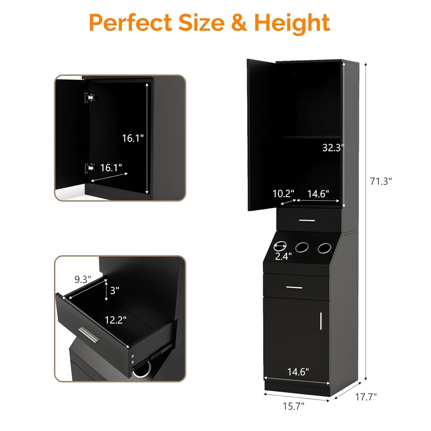 Salon Station, Barber Stations with 2-Tier Storage Shelf with Door, Hair Styling Storage Cabinet with 2 Drawer, a Large Storage Cabinet & 3 Hot Tool Holders, Black