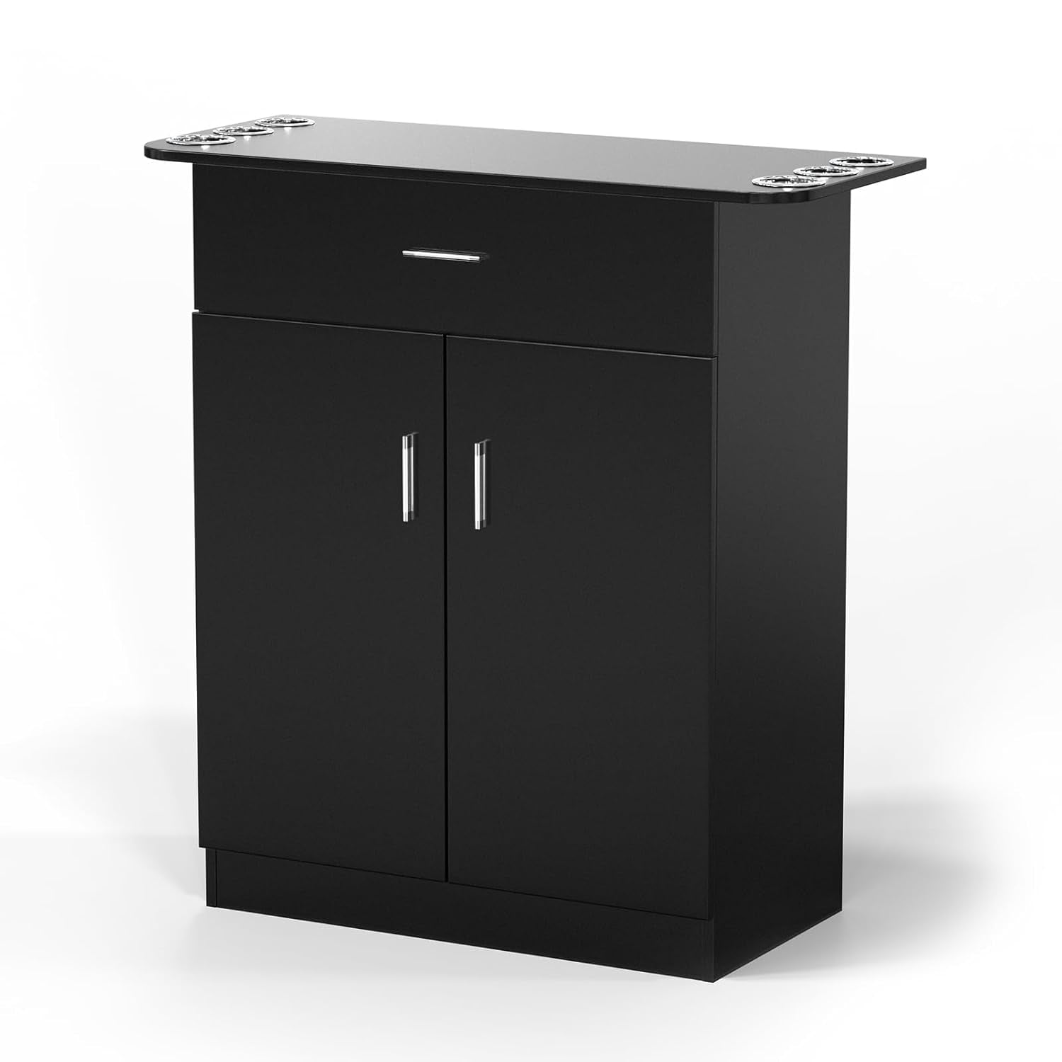Salon Storage Station, Barber Stations Beauty Salon Spa Equipment, Free Standing Cabinet with 1 Drawers, 1 Storage Cabinet, 6 Hair Dryer Holders for Hair Styling, Black
