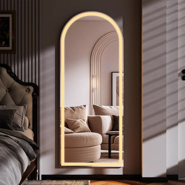 Riskioi 56"X21" LED Full Length Mirror – Arched Standing Floor Mirror with Dimmable Lights 3 Color Modes – Adjustable Brightness, Wall-Mount or Lean for Barber, Fitness Center, Dressing Room, Vanity