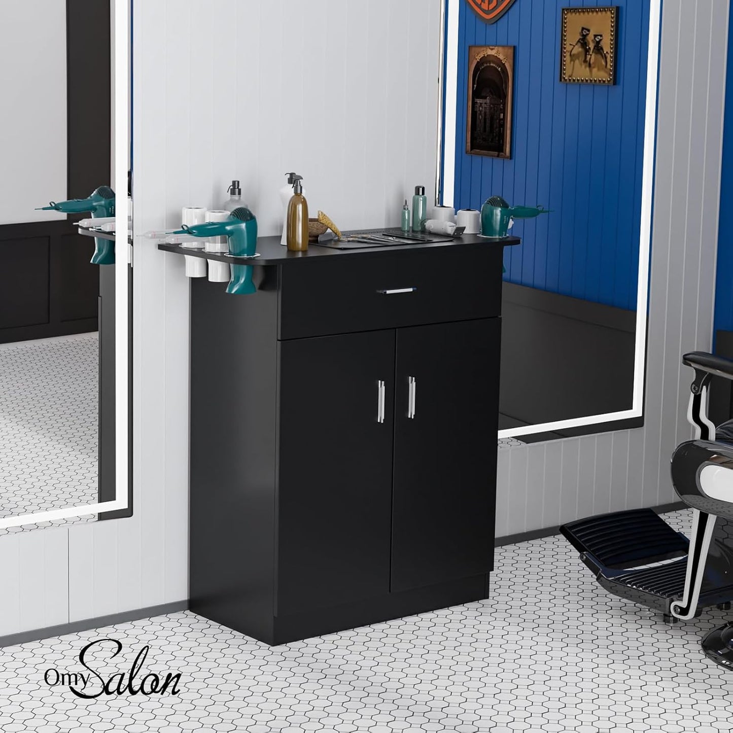 Salon Storage Station, Barber Stations Beauty Salon Spa Equipment, Free Standing Cabinet with 1 Drawers, 1 Storage Cabinet, 6 Hair Dryer Holders for Hair Styling, Black