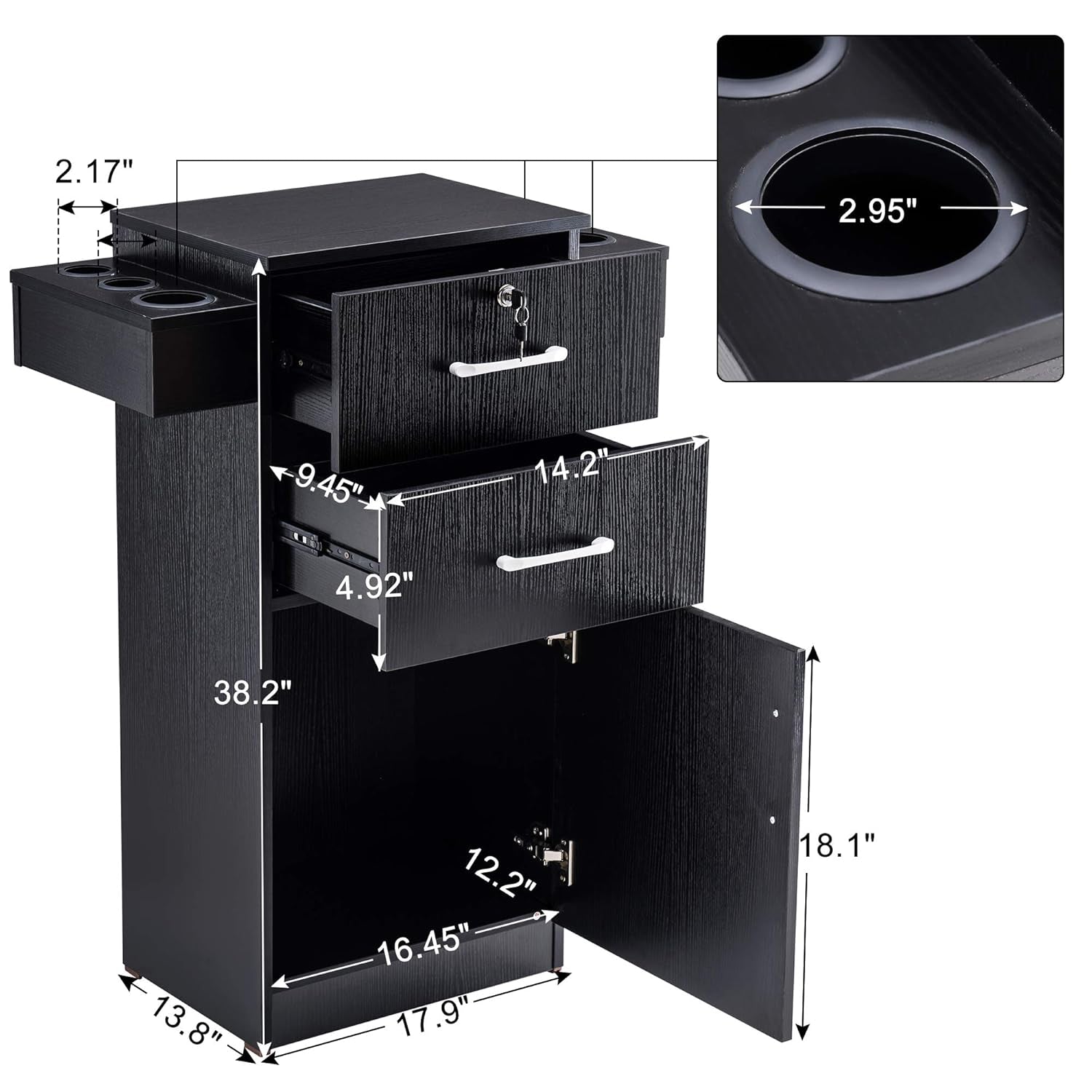 38"X18"X14" Locking Beauty Salon Storage Cabinet, Barber Styling Station with Nylon Hair Dryer Holder, Barber Shop Stylist Equipment with Drawers 2021 (Black)