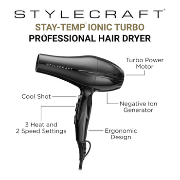 Peewee and Stay Temp Dual Voltage Travel Dryers, Lightweight Portable Size, Tri-Plex Technology, Ionic Turbo Motor, Concentrator Nozzle, Diffuser, Travel Bag, Black