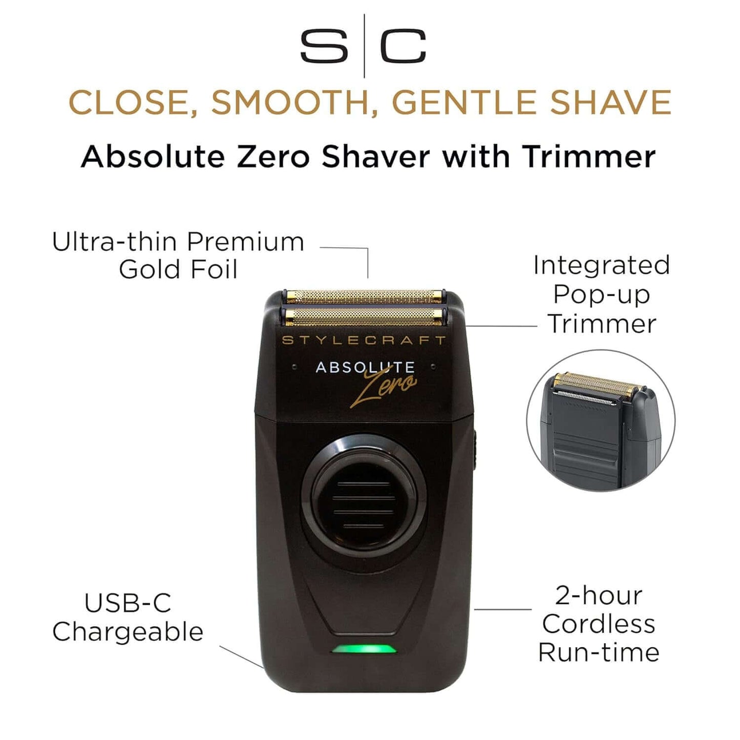 Absolute Zero Foil Shaver – Close, Smooth Shave with Retractable Precision Trimmer, USB-C, Cord/Cordless, Lightweight & Travel-Friendly, Replacements