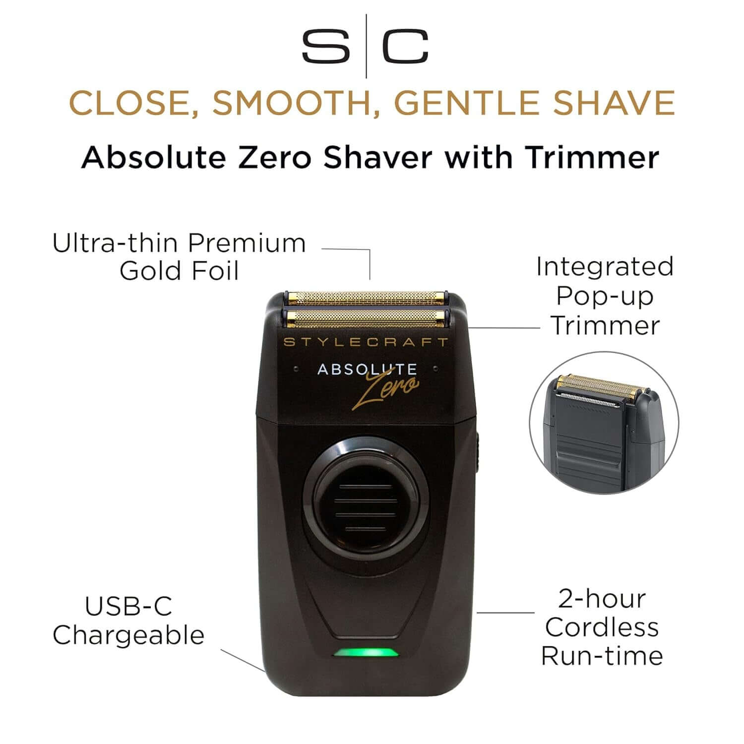 Absolute Zero Foil Shaver – Close, Smooth Shave with Retractable Precision Trimmer, USB-C, Cord/Cordless, Lightweight & Travel-Friendly, Replacements